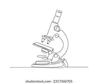 Continuous one line drawing of microscope laboratory. Microscope line art vector illustration. Research and science concept. Editable stroke.	