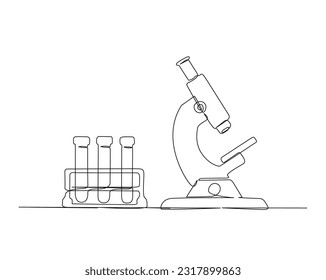 Continuous one line drawing of microscope and laboratory test tube. Microscope line art vector illustration. Research and science concept. Editable stroke.	