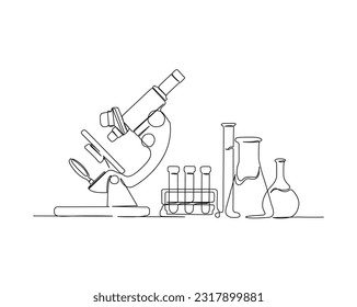 Continuous one line drawing microscope   laboratory test tube  Microscope line art vector illustration  Research   science concept  Editable stroke 	
