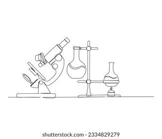 Continuous one line drawing of microscope and laboratory test tube. Microscope line art vector illustration. Research and science concept. Editable stroke.	