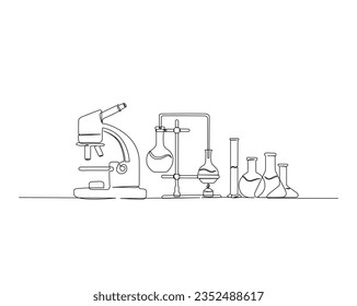 Kontinuierliche Einzeilenzeichnung von Mikroskop und Labortestrohr. Kunstvektorgrafik der Mikroskoplinie. Forschungs- und Wissenschaftskonzept. Bearbeitbarer Strich.	