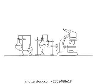 Continuous one line drawing of microscope and laboratory test tube. Microscope line art vector illustration. Research and science concept. Editable stroke.	
