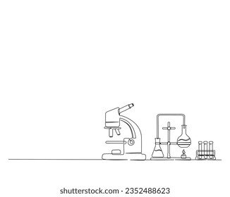 Continuous one line drawing of microscope and laboratory test tube. Microscope line art vector illustration. Research and science concept. Editable stroke.	