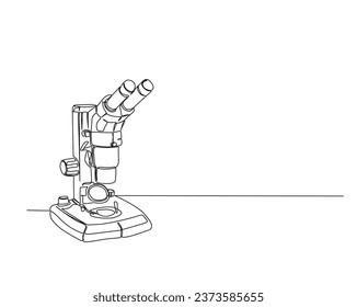 Continuous one line drawing of microscope labs. Microscope line art vector illustration. Research and science concept. Editable stroke.	