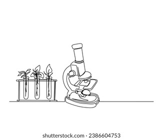 Continuous one line drawing of microscope and laboratory test tube. Microscope line art vector illustration. Research and science concept. Editable stroke.	