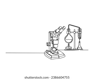 Continuous one line drawing of microscope and laboratory test tube. Microscope line art vector illustration. Research and science concept. Editable stroke.	