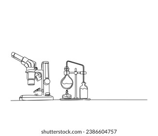 Continuous one line drawing of microscope and laboratory test tube. Microscope line art vector illustration. Research and science concept. Editable stroke.	