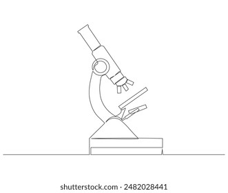 Dibujo continuo de una línea del microscopio. Ilustración de dibujo de una línea del laboratorio del microscopio. Investigación y ciencia, microbiología concepto arte de línea. Esquema editable.