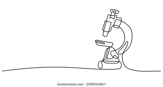 Continuous one line drawing of microscope laboratory. Microscope line art vector illustration. Research and science, microbiology medical research concept.