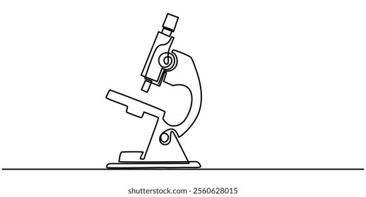 Continuous one line drawing of microscope laboratory. Microscope line art vector illustration. Research and science, microbiology medical research concept, Continuous Line Drawing of Medical Research.