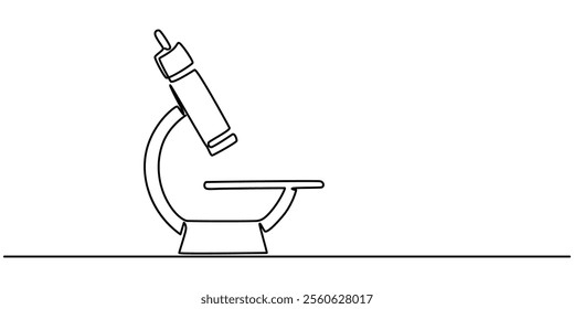 Continuous one line drawing of microscope laboratory. Microscope line art vector illustration. Research and science, microbiology medical research concept, Continuous Line Drawing of Medical Research.