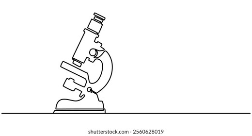 Continuous one line drawing of microscope laboratory. Microscope line art vector illustration. Research and science, microbiology medical research concept, Continuous Line Drawing of Medical Research.