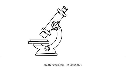 Continuous one line drawing of microscope laboratory. Microscope line art vector illustration. Research and science, microbiology medical research concept, Continuous Line Drawing of Medical Research.