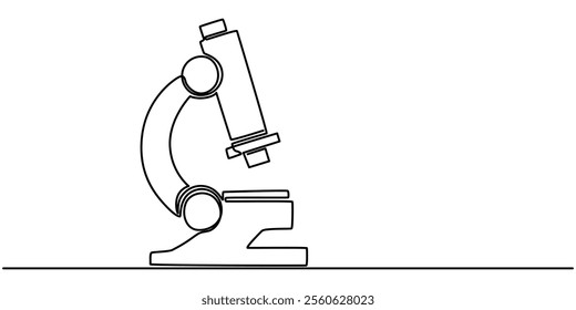 Continuous one line drawing of microscope laboratory. Microscope line art vector illustration. Research and science, microbiology medical research concept, Continuous Line Drawing of Medical Research.