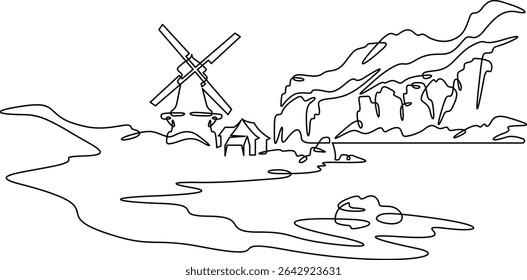 Continuous one line drawing mill on the river bank. Windmill. Old mill against the backdrop of hills. One continuous line isolated minimal illustration.Not AI.