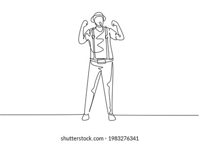 Continuous one line drawing mime artist stands with celebrate gesture and white face make-up makes audience laugh with silent comedy. Great show. Single line draw design vector graphic illustration