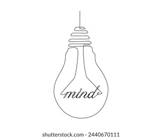Continuous one line drawing of mind bulb or lamp. Mind word in bulb single line illustration. Editable stroke.