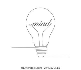 Dibujo continuo de una línea de la bombilla o lámpara de la mente. Palabra mental en la bombilla ilustración de una sola línea. Trazo editable.