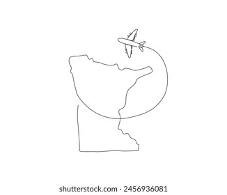 Continuous one line drawing of Minesota map with airplane. Minesota - America map combined with airplane simple outline vector illustration. Editable stroke.