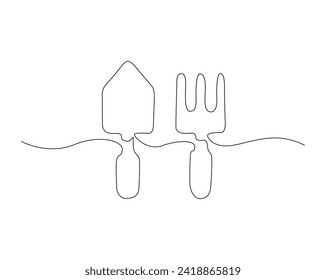 Continuous one line drawing of mini Shovel and rake. Mini garden shovel and rake line art vector illustration. Editable stroke.