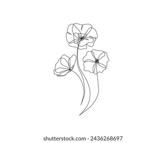Continuous one line drawing of minimalist poppy flower Poppies flower single outline vector illustration. Editable stroke.
