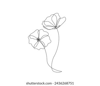 Continuous one line drawing of minimalist poppy flower Poppies flower single outline vector illustration. Editable stroke.