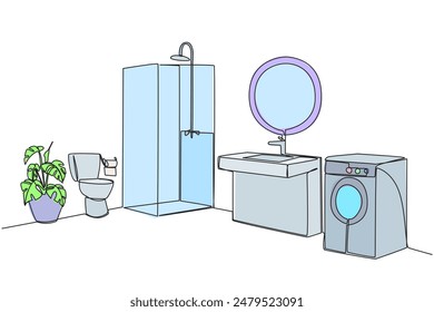 Continuous one line drawing minimalist layout in one image. There is a washing machine, shower and toilet in the same room. Neat and clean. Minimalist. Single line draw design vector illustration