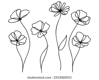 Dibujo continuo de una línea de flores silvestres minimalistas flor de amapola Ilustración vectorial de un solo contorno de la flor de amapolas.