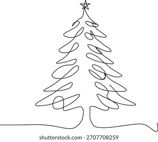 Dibujo continuo de una línea: árbol de Navidad minimalista con estrella. Arte vectorial Festiva sin costuras.