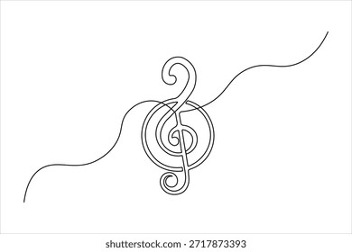 Continuous one line drawing of a minimalist treble clef. Artistic thin line design for music, melody, and sound concepts on white background.