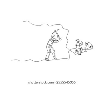 Continuous one line drawing of mining worker digging with pickaxe to get diamonds. Metaphor of work hard in single line art. Editable vector. 