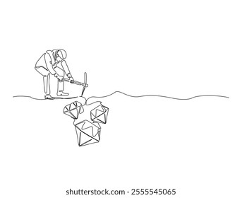 Continuous one line drawing of mining worker digging with pickaxe to get diamonds. Metaphor of work hard in single line art. Editable vector. 