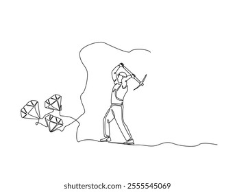 Continuous one line drawing of mining worker digging with pickaxe to get diamonds. Metaphor of work hard in single line art. Editable vector. 