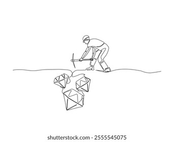 Continuous one line drawing of mining worker digging with pickaxe to get diamonds. Metaphor of work hard in single line art. Editable vector. 