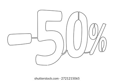 Dibujo continuo de una línea de menos el cincuenta por ciento. Ilustración de dibujo de una sola línea de venta menos 50 por ciento. Tienda Arte vectorial de concepto de descuento. Ilustración de línea Doodle.