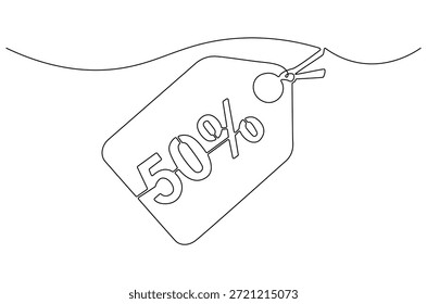 Dibujo continuo de una línea de menos el cincuenta por ciento. Ilustración de dibujo de una sola línea de venta menos 50 por ciento. Tienda Arte vectorial de concepto de descuento. Ilustración de línea Doodle.