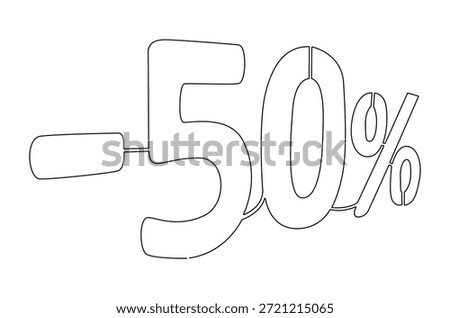 Continuous one line drawing of Minus Fifty percent. Single line drawing illustration of Sale Minus 50 percent. Shop Discount concept vector art. Doodle line illustration.
