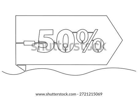Continuous one line drawing of Minus Fifty percent. Single line drawing illustration of Sale Minus 50 percent. Shop Discount concept vector art. Doodle line illustration.