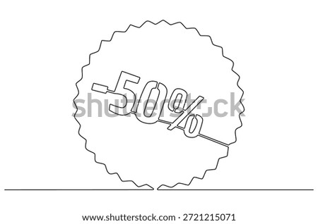 Continuous one line drawing of Minus Fifty percent. Single line drawing illustration of Sale Minus 50 percent. Shop Discount concept vector art. Doodle line illustration.