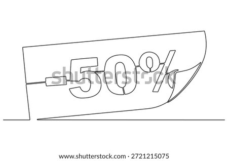 Continuous one line drawing of Minus Fifty percent. Single line drawing illustration of Sale Minus 50 percent. Shop Discount concept vector art. Doodle line illustration.