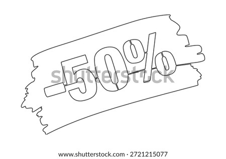 Continuous one line drawing of Minus Fifty percent. Single line drawing illustration of Sale Minus 50 percent. Shop Discount concept vector art. Doodle line illustration.