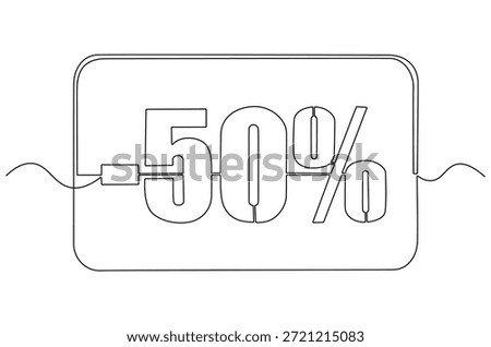 Continuous one line drawing of Minus Fifty percent. Single line drawing illustration of Sale Minus 50 percent. Shop Discount concept vector art. Doodle line illustration.