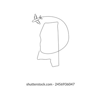 Continuous one line drawing of Mississippi map with airplane. Mississippi - America map combined with airplane simple outline vector illustration. Editable stroke.