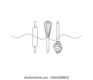 Continuous one line drawing of mixer whisk and rolling pin. Balloon whisk and rolling pin bakery simple outline vector illustration. Editable stroke.