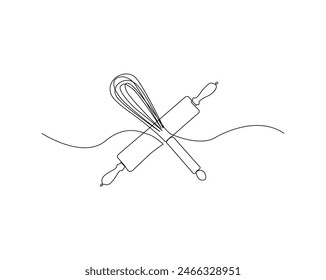 Continuous one line drawing of mixer whisk and rolling pin. Balloon whisk and rolling pin bakery simple outline vector illustration. Editable stroke.