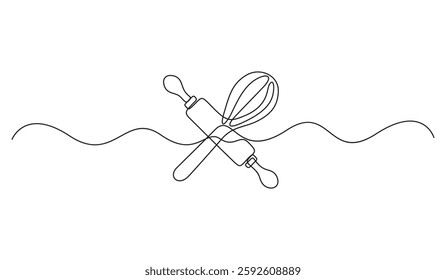 Continuous one line drawing of mixer whisks and rolling pin. Vector illustration