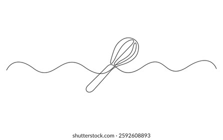 Continuous one line drawing of mixer whisks and rolling pin. Vector illustration