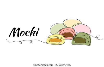 Continuous one line drawing of mochi. Traditional Japanese rice dessert. Simple vector illustration