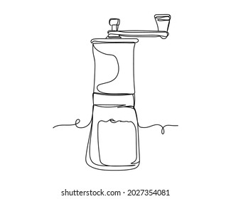Dibujo continuo de una línea de un moderno icono manual de molino de café en silueta sobre un fondo blanco. Linear estilizado.Minimalista.