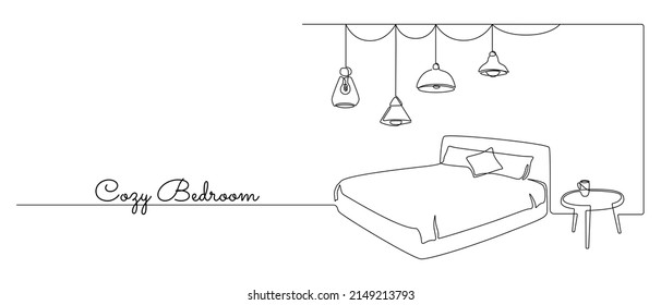 Continuous one line drawing of modern cozy bedroom blueprint. Double bed and hanging lampshades for concept of loft furniture in simple linear style. Editable stroke. Doodle vector illustration